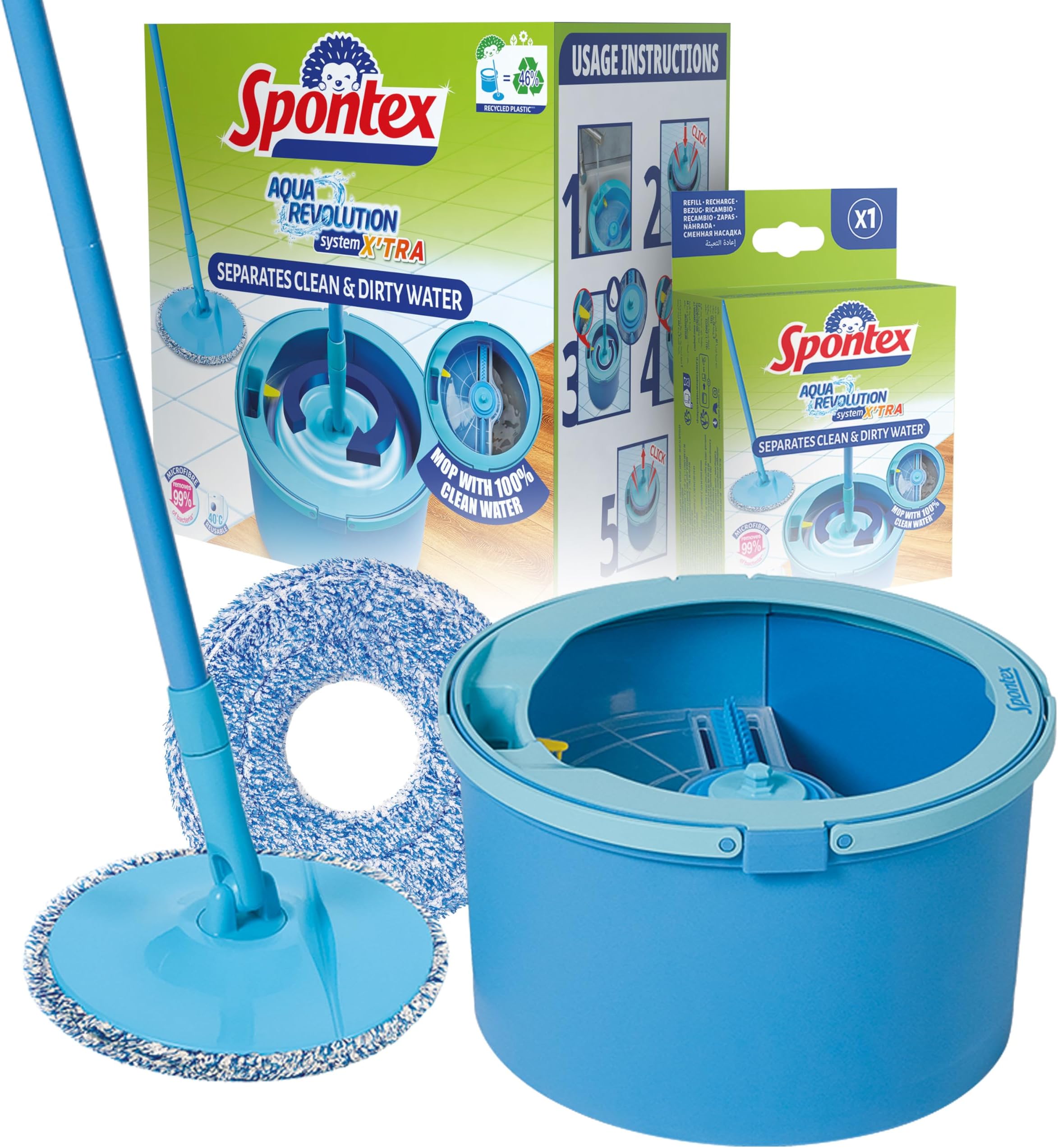 Spontex Aqua Revolution System X'tra Floor Mop and Bucket Set with Free Refill | Separates Clean & Dirty Water | Cleans Laminate, Wood & Tile Flooring | Flat Spin Mop with Microfibre Refills