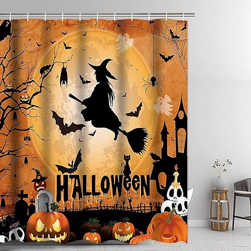 Miniatura 3 de Yizheer Juego de 4 cortinas de ducha de calabaza de Halloween con alfombras antideslizantes, cubierta para tapa de inodoro y tapete de baño,
