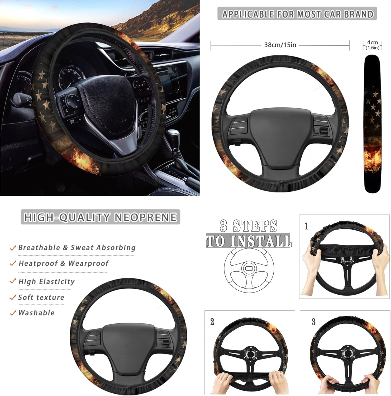 Deer 14 PCS Car Seat Cover with Steering Wheel Cover Seat Belt Strap Pads Garbage Container American Flag Rearview Mirror Cover Coasters Center Console Handbrake Cover Set