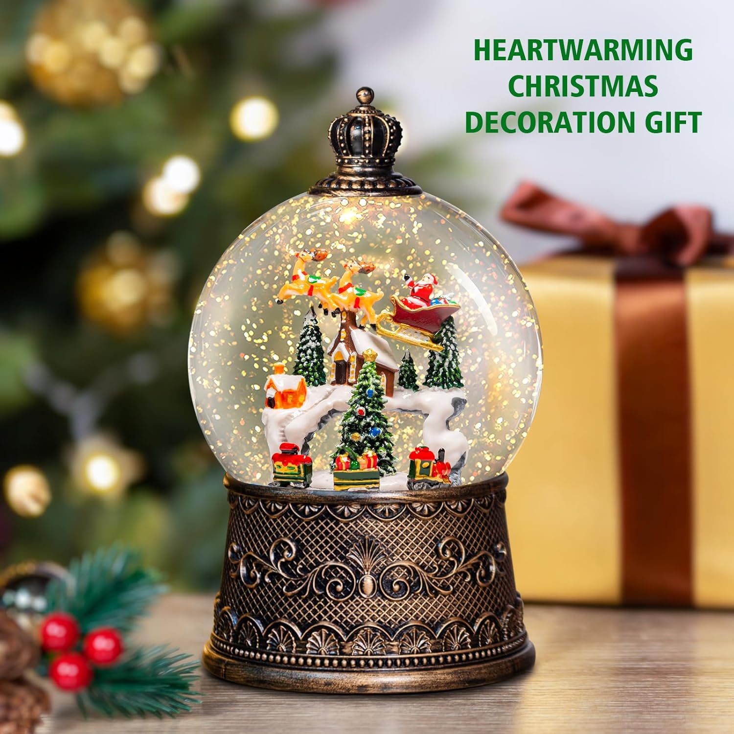Christmas Snow Globes Lantern with Music, Winter Village Scene Snow Globes with Swirling Glitter Effects, USB/Battery Powered with 6-Hour Timer, Christmas Decorations