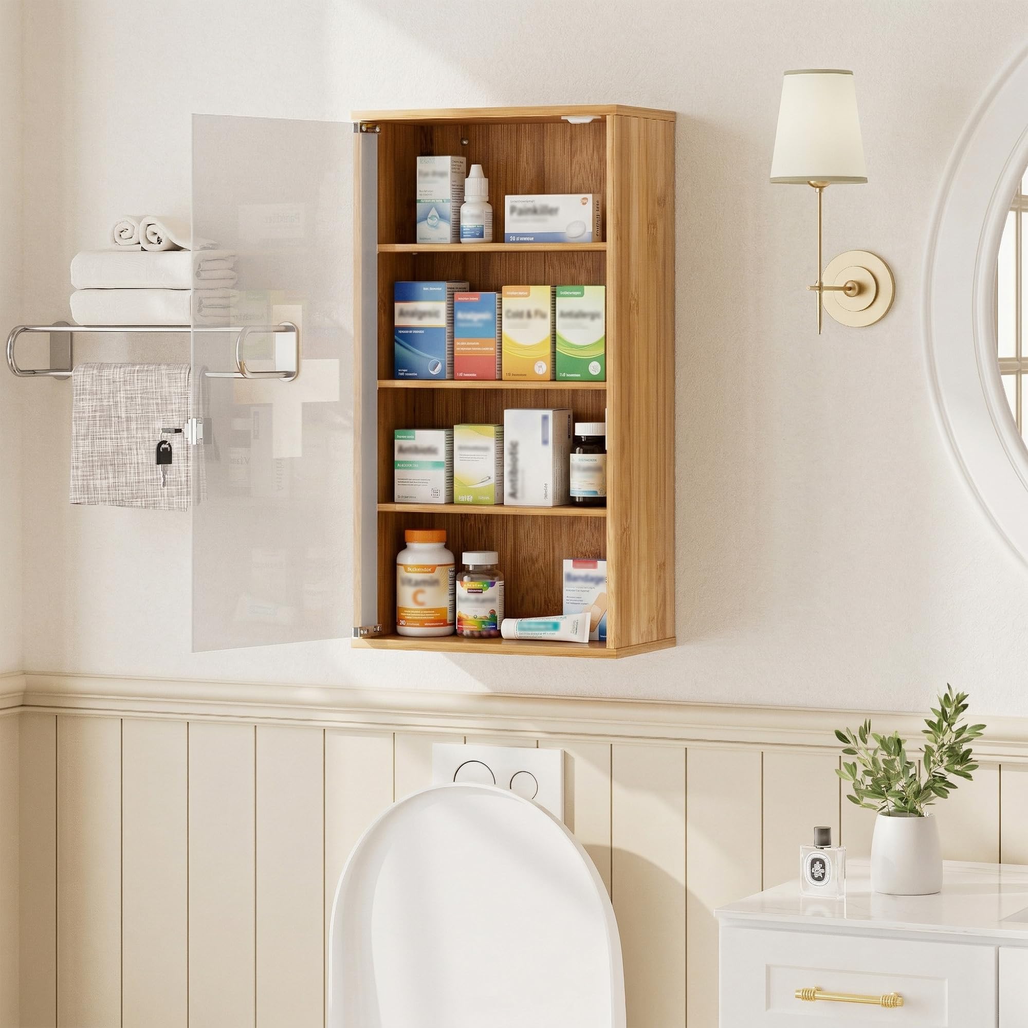 HEYZOEY Armoire à pharmacie en bambou verrouillable à fixer au mur avec 4 compartiments, pharmacie domestique pour salle de bain, 65 x 35 x 18 cm, grande armoire à pharmacie pour un usage domestique