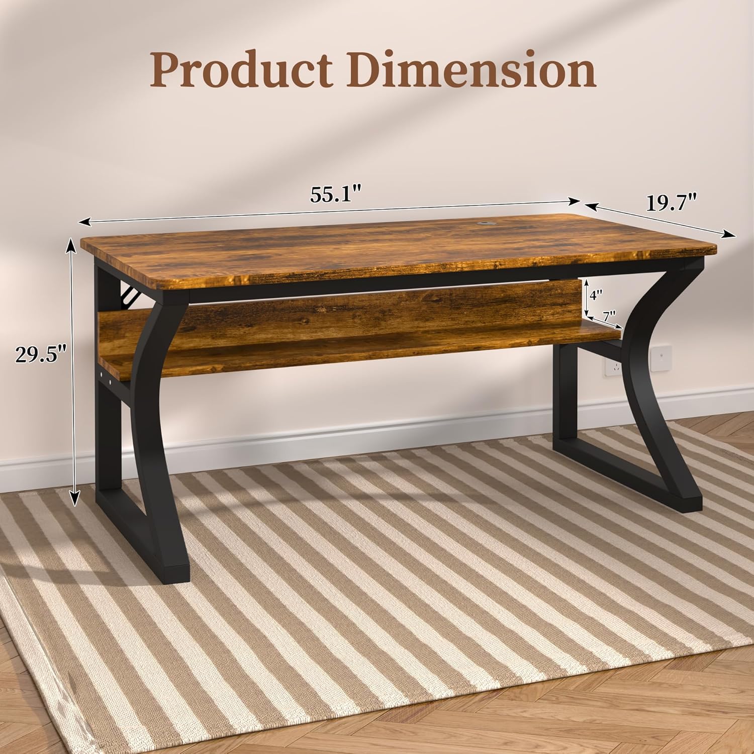 AZN Computer Desk, 55 X 20 inch Computer Desk, Office Desk w/Storage, Large Legroom, Sturdy Metal Frame, Home Office Desks for Gaming Study Writing Work, Waterproof, Scratch-Resistant, Rustic Brown