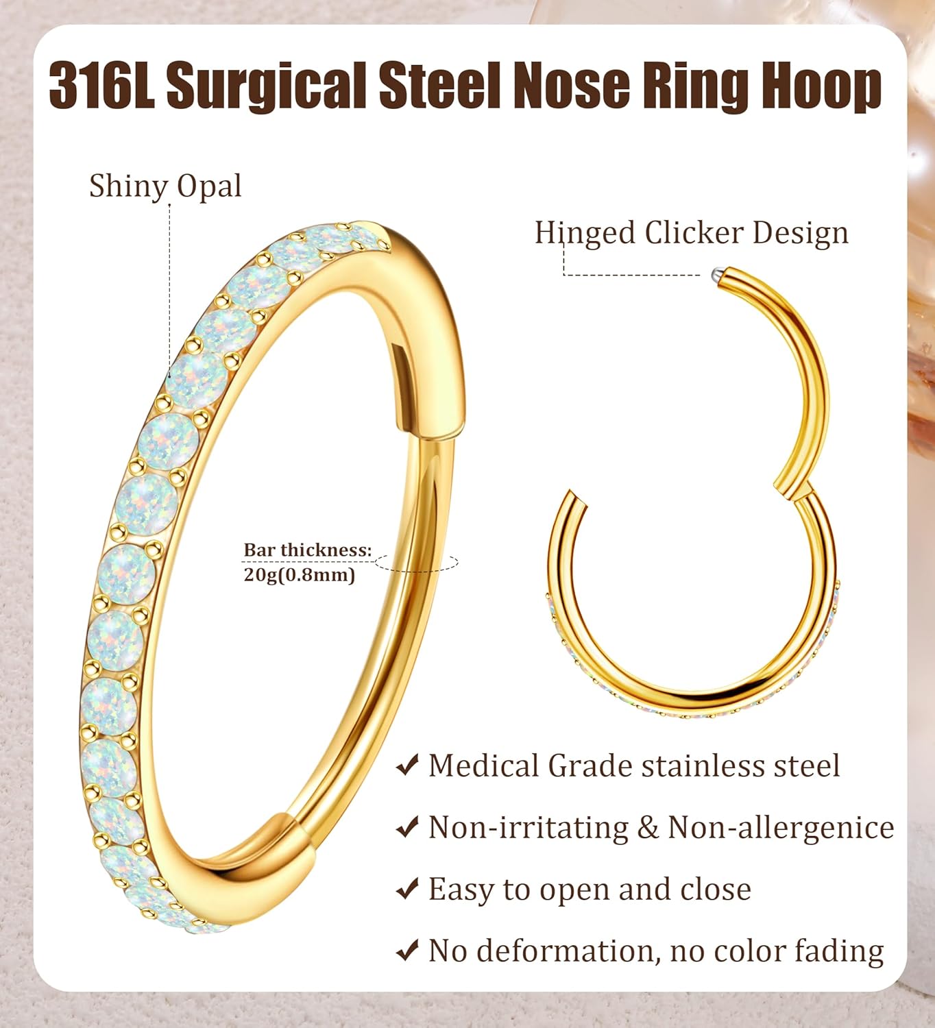 MJust Opal Nose Hoops for Women Men - 316L Surgical Steel Hinged Nose Rings 20G Clicker Septum Nose Ring Lip Helix Cartilage Hoop Earring Daith Rook Conch Body Piercing Jewelry 6MM 7MM 8MM 10MM - Image 2