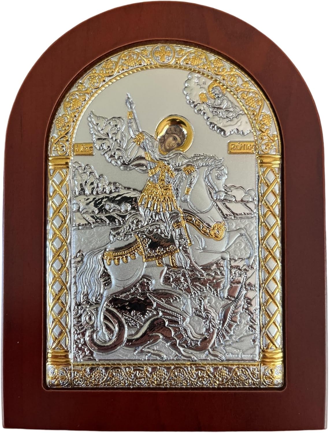 (A-3/004/G/K) Saint George Byzantine, 925° Sterling Silver Orthodox Christian Icon/Greek Handmade (red, 5 1/2x4)