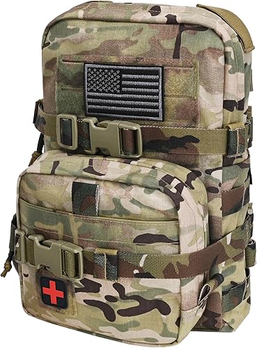 Vista 14 de Mini paquete de hidratación táctica Molle, transportador de hidratación Molle con bolsa IFAK y bandera de EE. UU. y parche Med, Hydropack