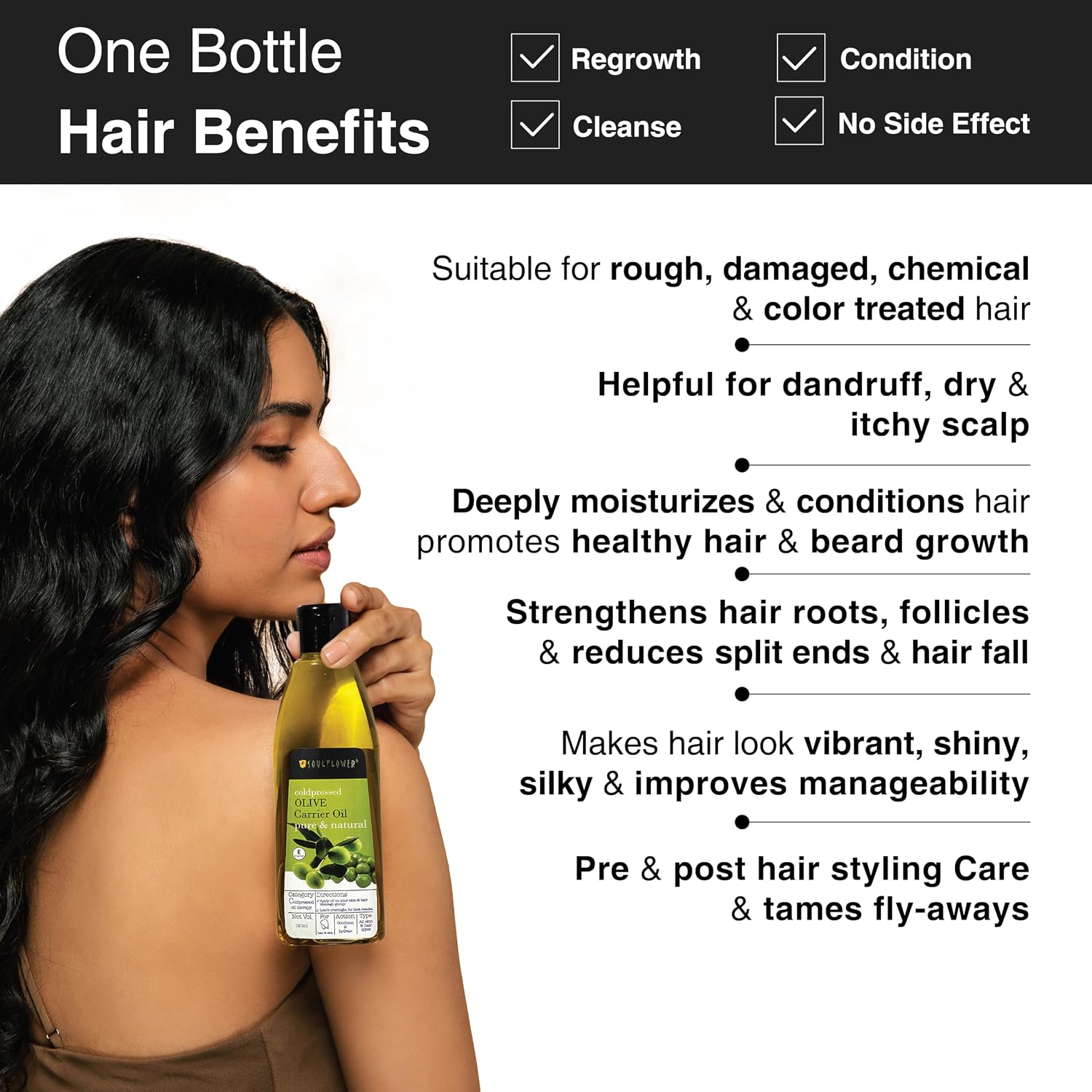 Soulflower Olive Oil for Hair Growth, Scalp Hydration - 100% Pure, Natural, Organic, Vegan, Coldpressed, 4 fl oz