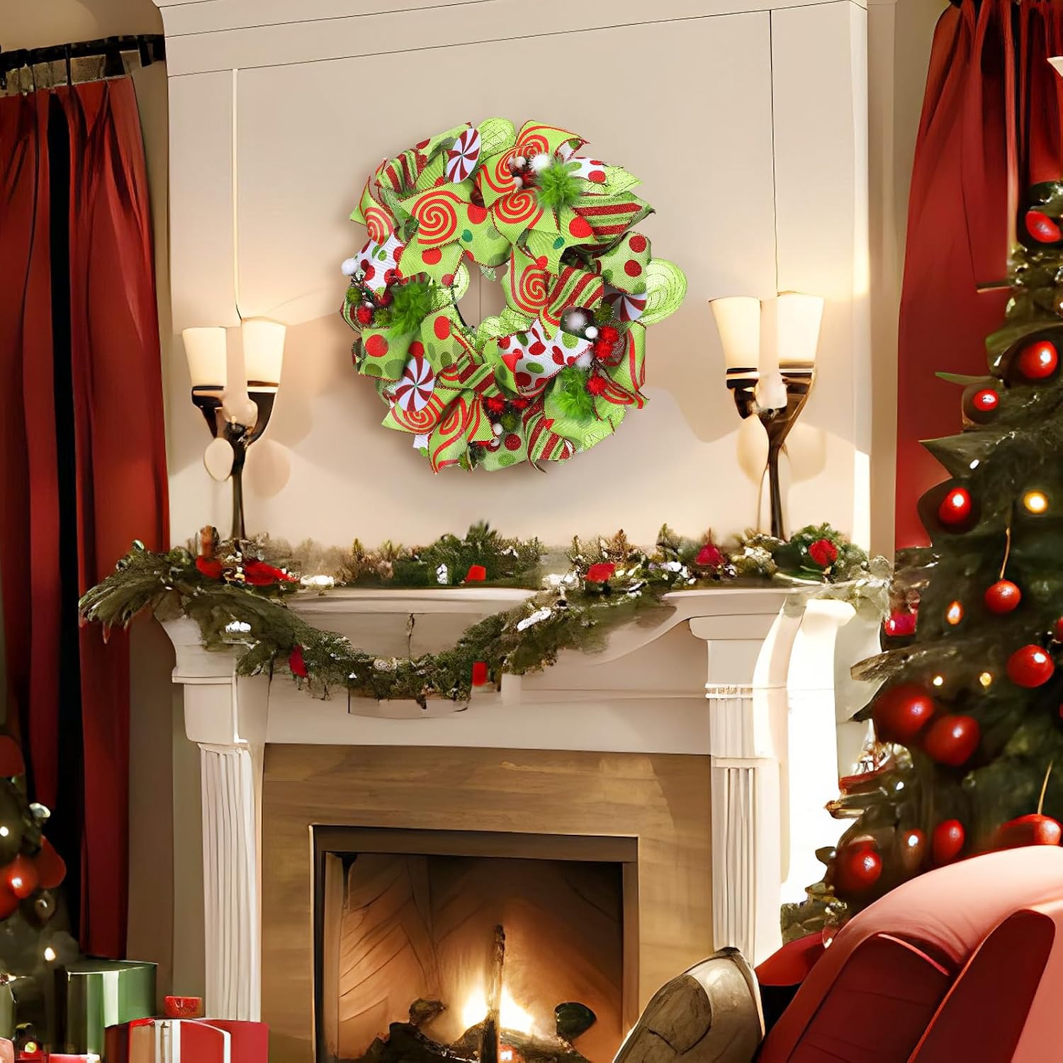 Knitgrip 14 Inch Christmas Door Wreath Christmas Front Door Decoration Wreath Red and Green Ribbon Reef for Indoor Outdoor Garland Porch Window Wall Xmas Tree Fireplace Mantel