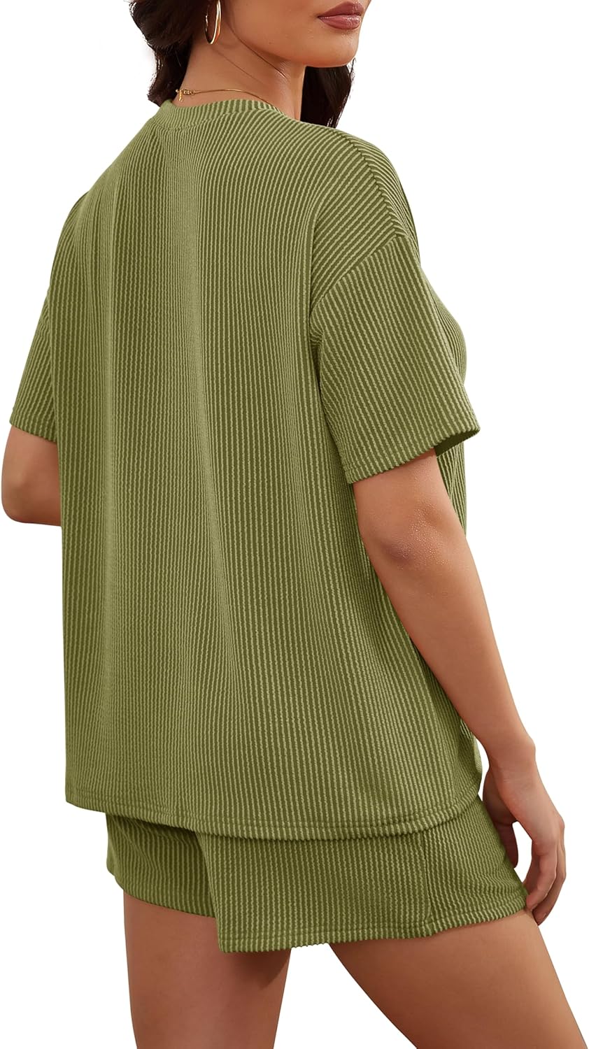 RUBZOOF Women's 2 Piece Sets Short Sleeve Outfits Ribbed Textured Knit Lounge Shorts Set Oversized Tracksuit Matching Sets - Image 5