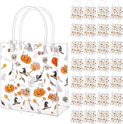 Silkfly 50 bolsas de regalo transparentes de Halloween con asa, bolsas reutilizables de PVC para Halloween, compras, bodas, fiestas de cumpleaños