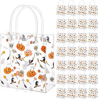 Silkfly 50 Pcs Halloween Clear Gift Bags with Handle Trick or Treat Bags Reusable PVC Halloween Tote Bag for Shopping Wedding Birthday Party Favor (5.9 x 2.8 x 6.3 Inch)
