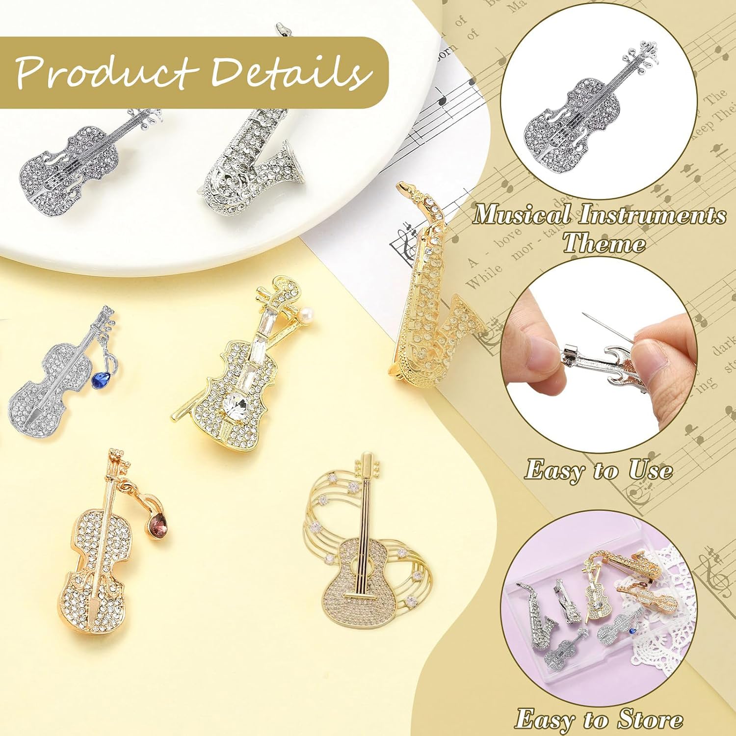7 pcs 7 Styles Musical Instruments Theme Alloy Rhinestone Pins Guitar Saxophone Music Note Trombone Lapel Pins for DIY Jewelry Clothes Backpack Hats Jackets Badge Craft image 3