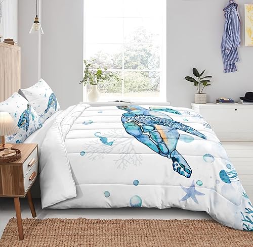 Miniatura 4 de Edredón de Tortuga Marina Ropa de Cama de Playa Oceánica Juego Tamaño Twin Azul Turquesa Tortuga Caballito de Mar Estrella de Mar Tema Oceánico