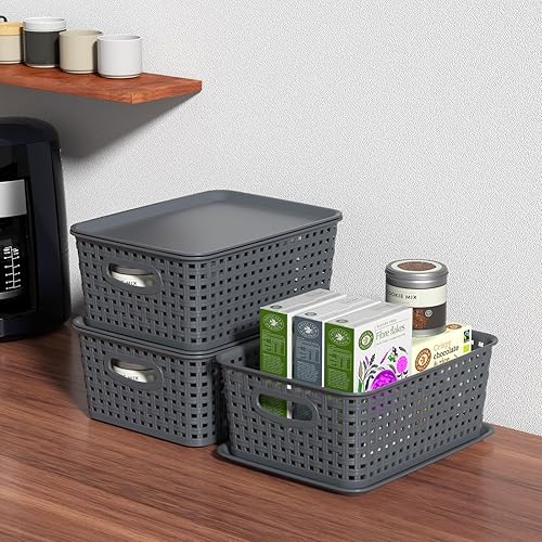 Miniatura 4 de Paquete de 6 cestas pequeñas de almacenamiento tejidas de plástico con tapa, canasta gris