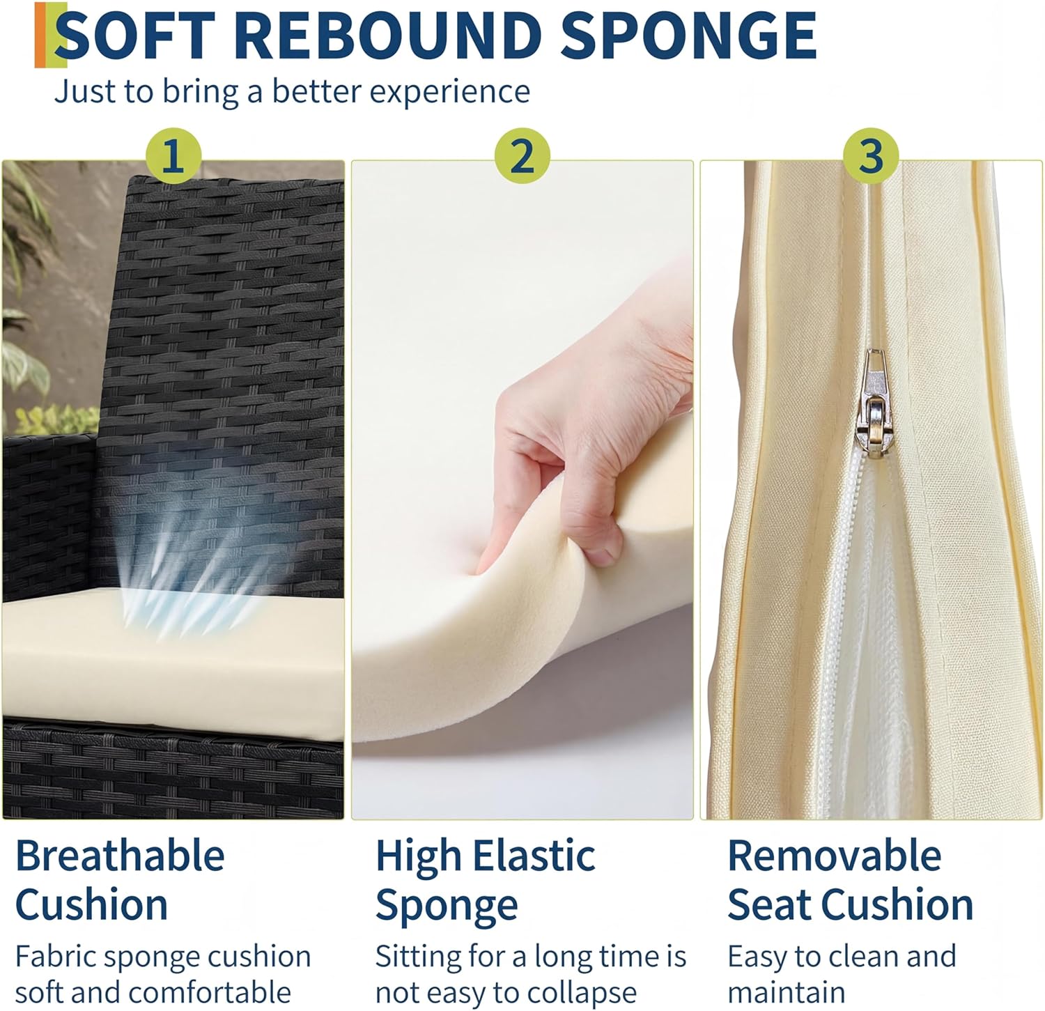 3 Piece Patio Furniture Set, Outdoor Deck Rattan Chair Wicker Combo Furniture, All Weather Dialogue Rattan Sofa With Upholstery and Glass Table for Garden, Backyard, Porch, Lawn, Pool, Black