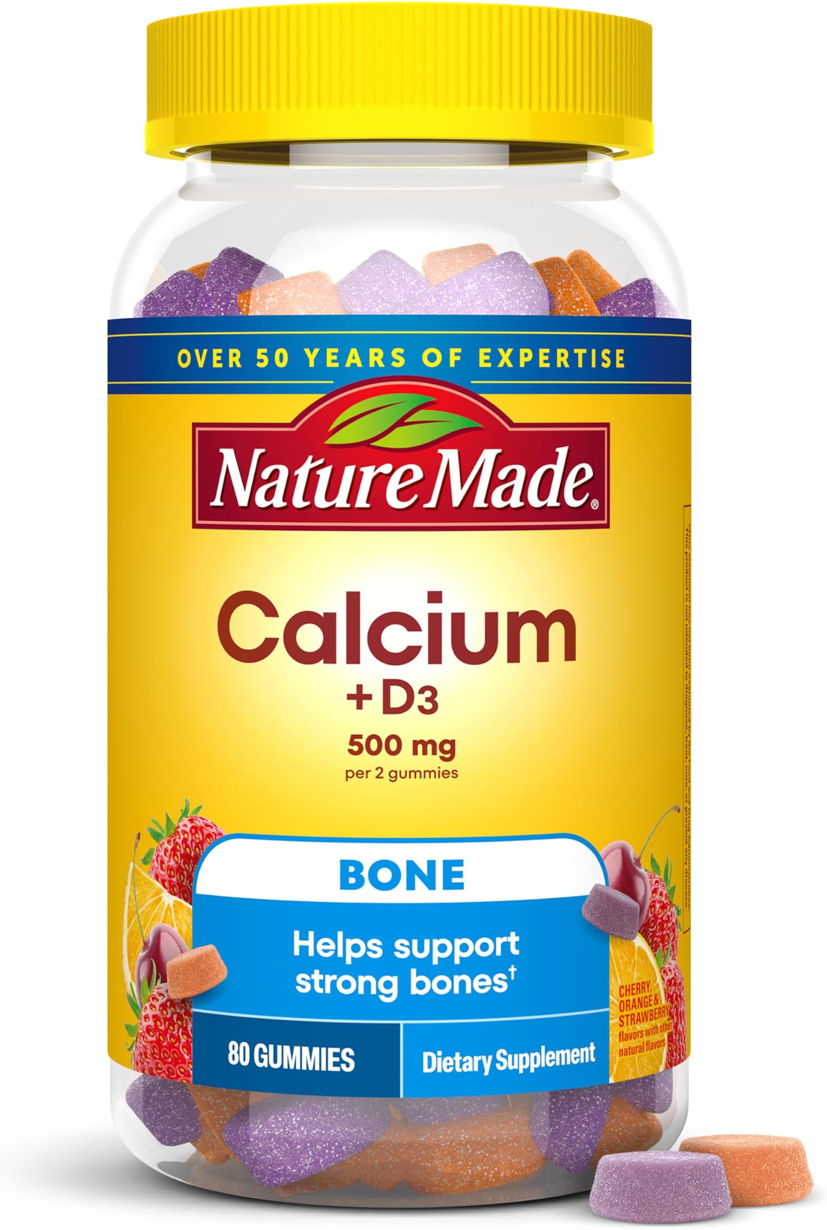 Nature Made Calcium Gummies 500 mg per Serving with Vitamin D3, 80 Gummies | Calcium Supplement for Bone Support, Calcium with Vitamin D Gummies, Cherry, Orange and Strawberry Flavors, 40 Day Supply