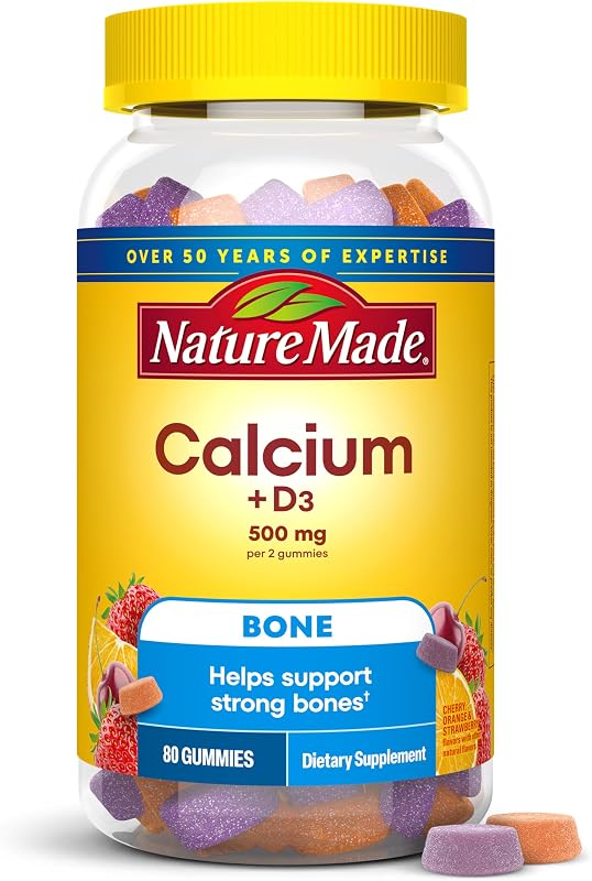 Gomitas de calcio Nature Made 500 mg por porción con vitamina D3, 80 gomitas | Suplemento de calcio para soporte óseo, calcio con gomitas de vitamina D, sabores de cereza, naranja y fresa, suministro para 40 días