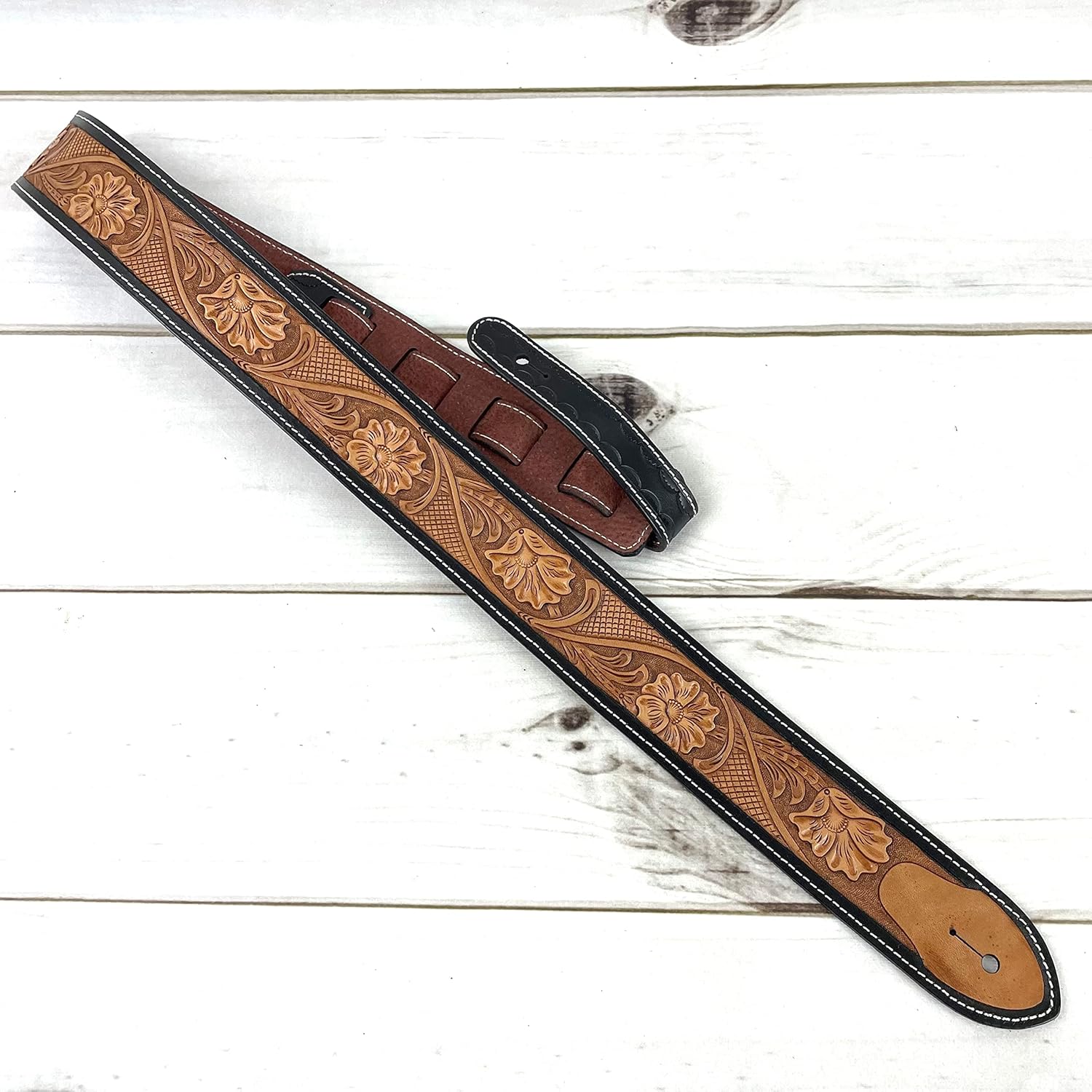 Walker & Williams LC-11 Handmade Super Premium Leather Guitar Strap with Hand Carved Live Oak Pattern And Peccary Backing For Acoustic, Electric, And Bass Guitars