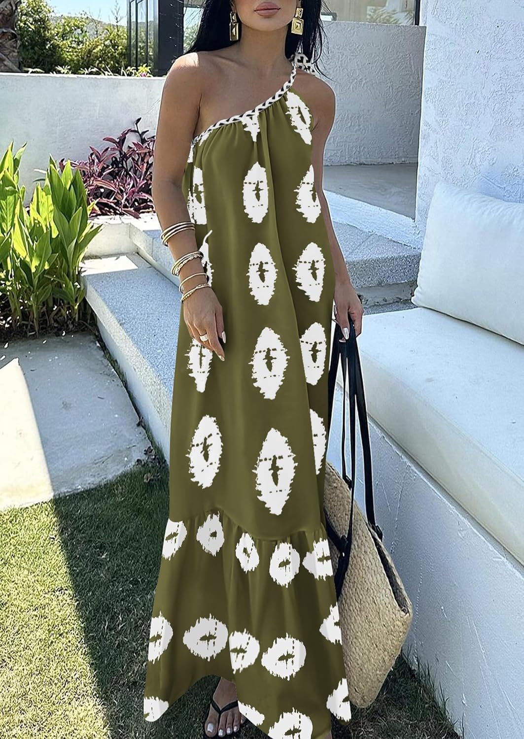 PRETTYGARDEN Women's 2026 Summer One Shoulder Maxi Dress Printed Flowy Boho Long Sundresses Spring Beach Vacation Clothes