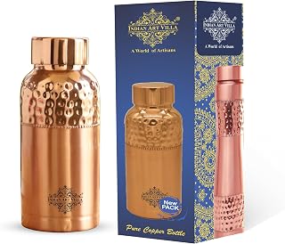 Indian Art Villa Preset Pure Copper Water Bottle, Upper Hammered Bottom Plain Design Bottle, Copper Vessel, Drinkware and Serveware, Volume- 20 Oz
