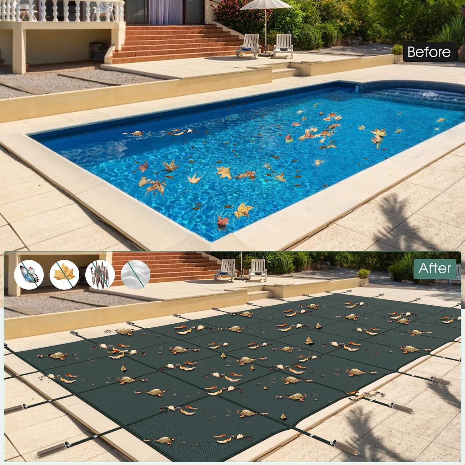 Goplus Safety Pool Cover, Fits 40FTx20FT Inground Swimming Pools, Rectangle Winter Leaf Pool Cover w/Mesh, Installation Tools for Backyard Yard (Size 42 x 22 ft, Fits 40 x 20 ft, Green)