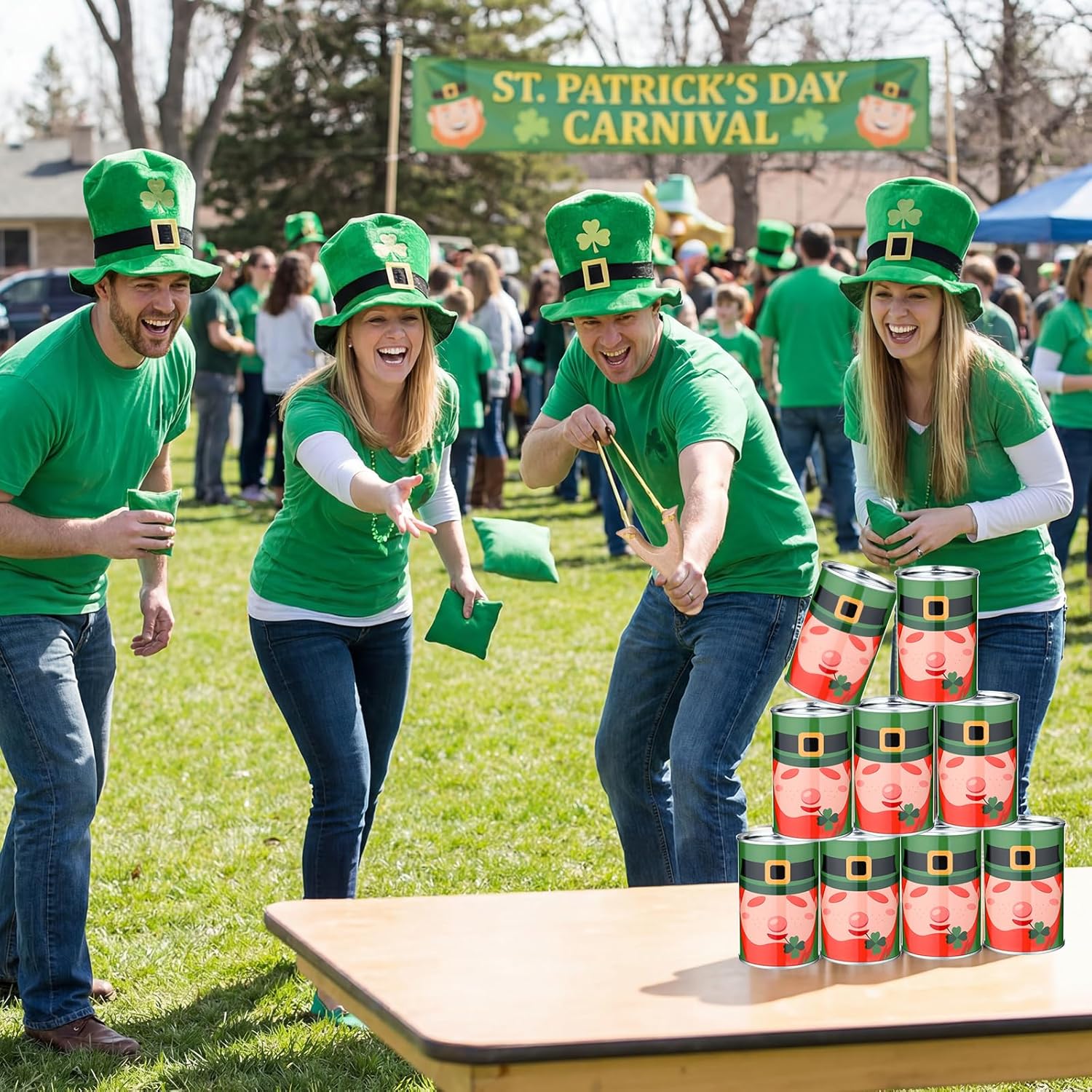 37 Pcs St. Patrick's Day Party Game Knockdown Can Set, 2 in 1 Bean Bag Toss and Slingshot Shooting Game with Metal Cans Bean Bags Slingshots Foam Balls for Family Gathering Carnival Party