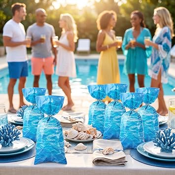 Pajean 100 Pcs Ocean Wave Cellophane Treat Bags, Blue with Twist Ties