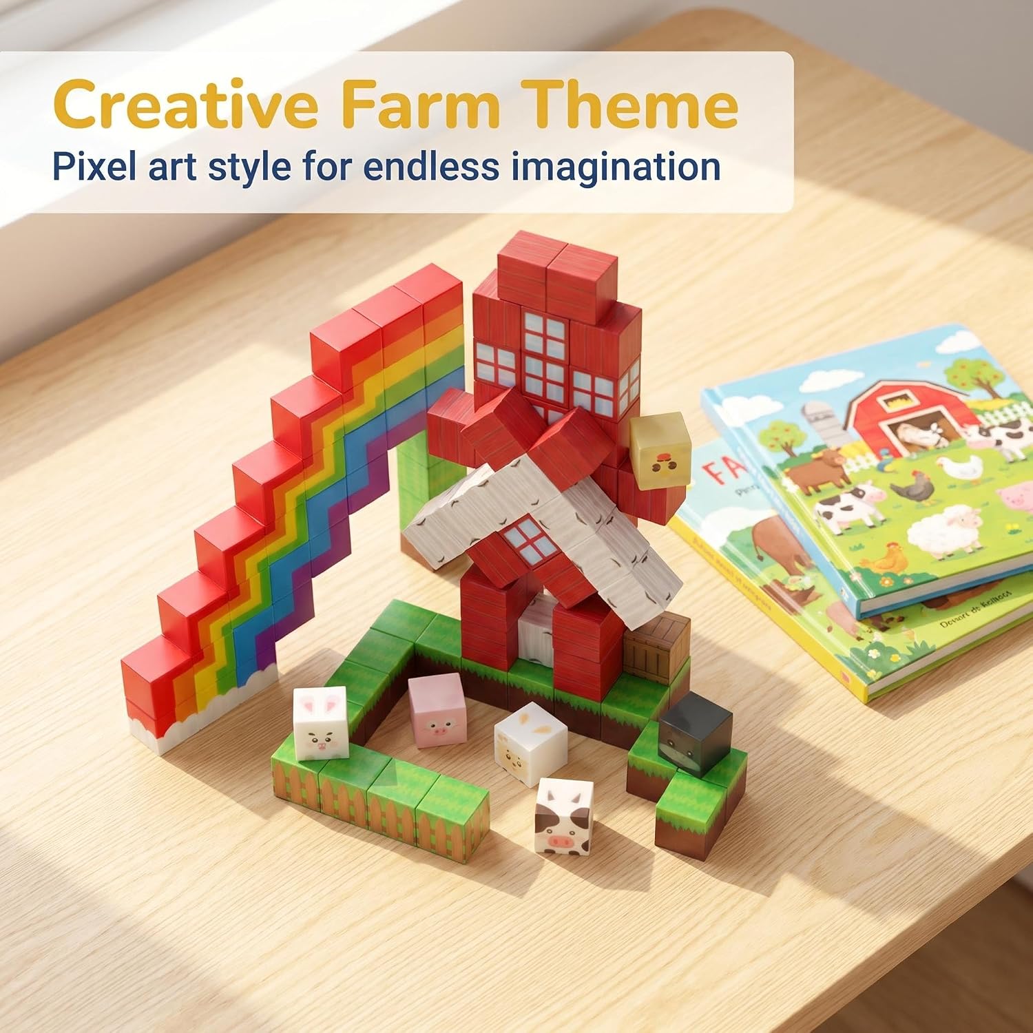 Magnetic Blocks 200PCS Rainbow Farm Pals with 3 Light-Up Cubes | Create farm, animal, rainbow for creative building, storytelling and imaginative play, Ages 3+.