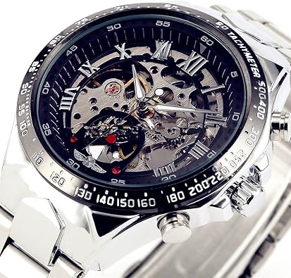MASTOP Men's Analog Display Automatic Watch Skeleton Dial Mechanical Wrist Watch Silver Stainless Steel Bracelet