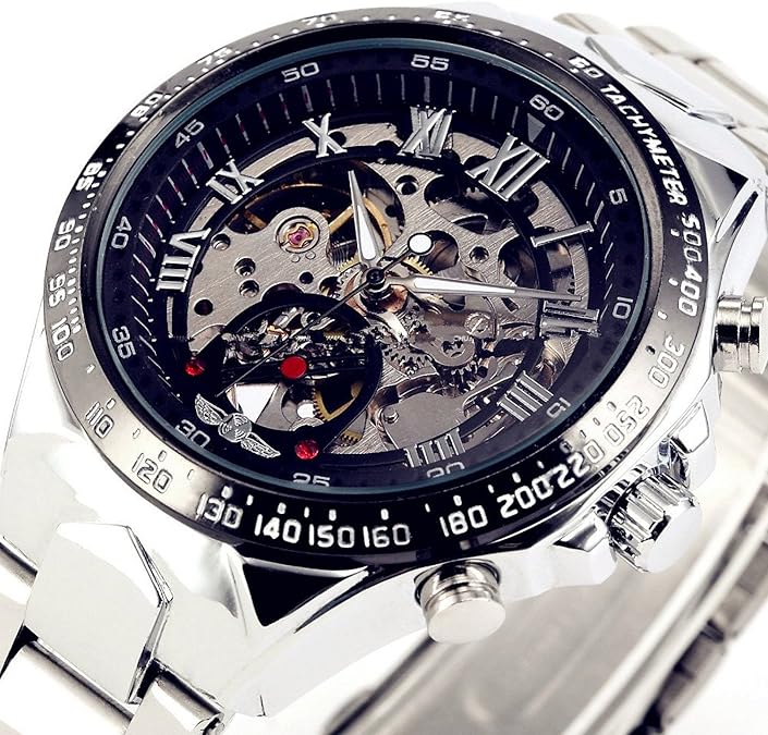MASTOP Men's Analog Display Automatic Watch Skeleton Dial Mechanical Wrist Watch Silver Stainless Steel Bracelet