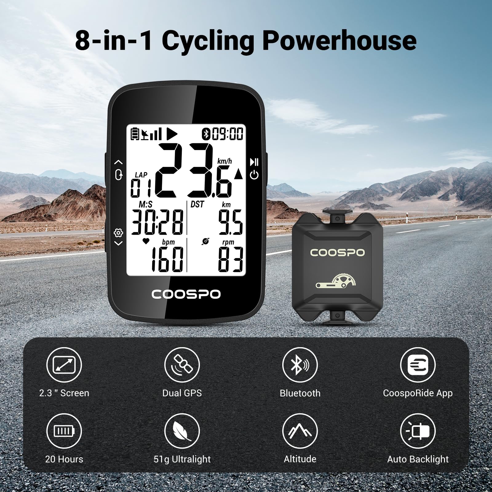 COOSPO BC26 Compteur Velo GPS, Bluetooth 5.0 Ordinateur Vélo Kilométrique Odomètre, Écran LCD rétroéclairé de 2.3 Pouces Compatible avec Strava, Route et VTT