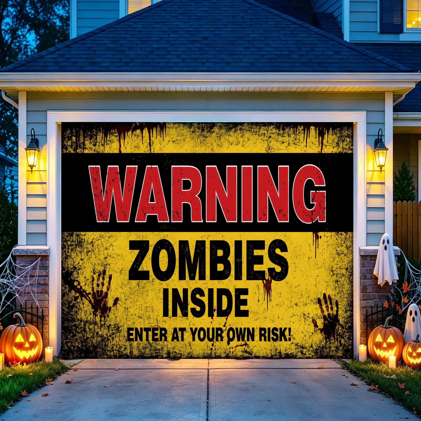Halloween Garage Door Banner, Zombie Warning Sign Garage Door Cover, Spooky Outdoor Decorations for Haunted House Party, Large Waterproof Hanging Banner for Halloween Yard Decor