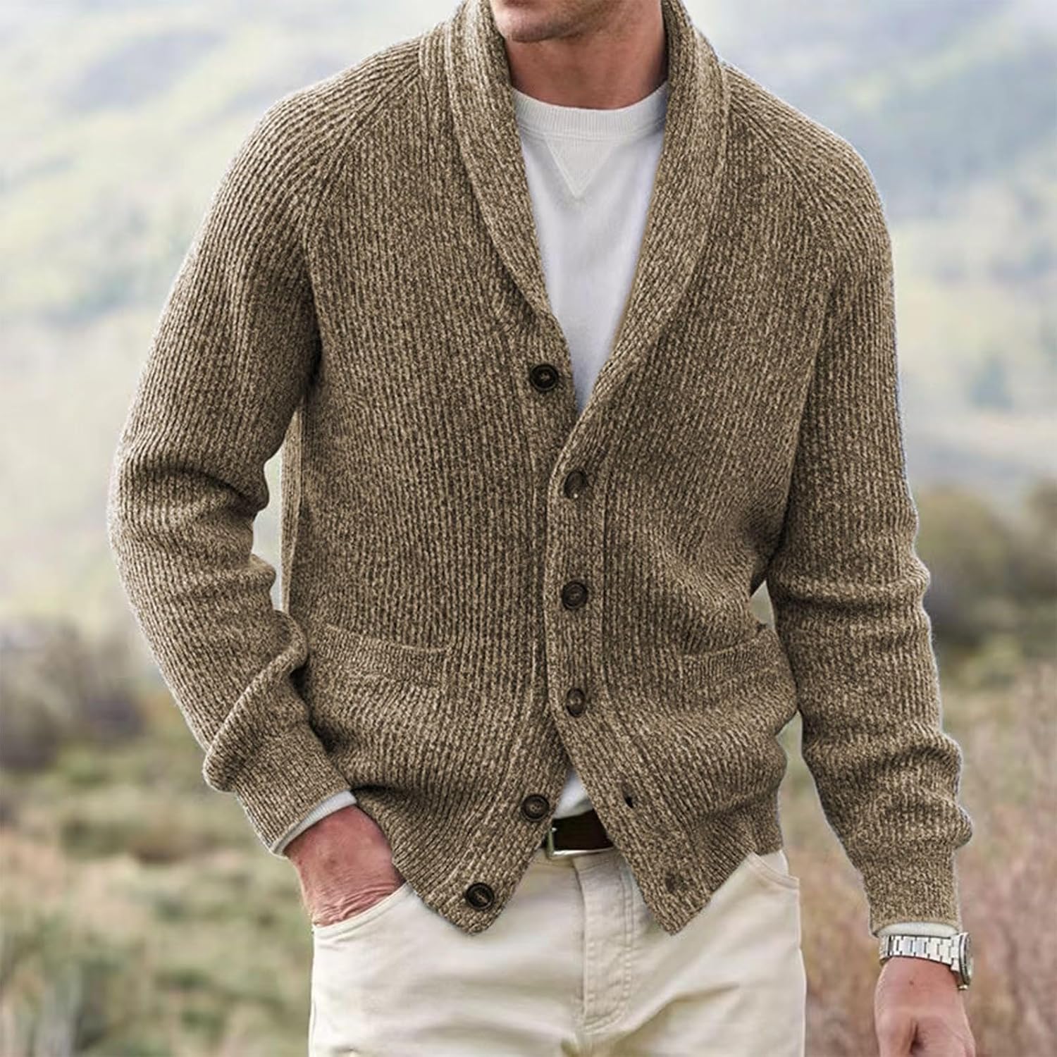 Ymosrh Men's Cardigan Sweaters, Long Sleeve Button Up Shawl Collar Fall Winter Ribbed Knit Sweater Coat with, M-4XL
