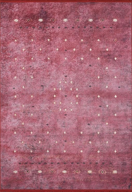 Madero Kırmızı Modern Geometrik Etnik Eskitme Desenli Boho Makinada Yıkanabilir Hafif Hav Toz Vermez Leke Tutmaz Kaymaz Taban Dijital Makine Baskı Halı Oturma Odası Salon Yolluk Koridor Mutfak Halısı