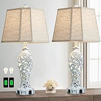 Vista 1 de Juego de 2 lámparas de mesa de granja de 25 pulgadas para sala de estar, dormitorio, 2 puertos USB, lámpara de mesa rústica vintage con luz