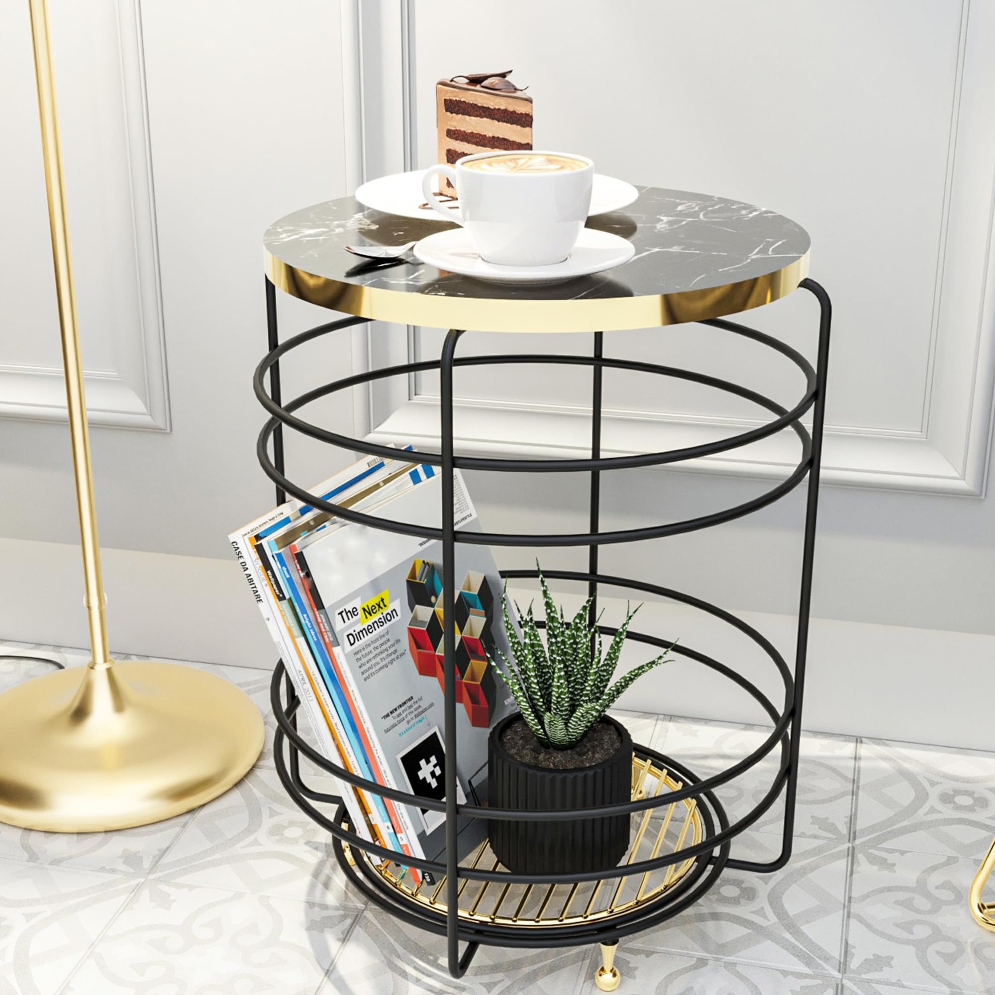 [en.casa] Table d'Appoint avec Panier de Rangement et Plateau Rond Bout de Canapé Table Basse Table de Chevet Métal Panneau de Particules 55 x 40 cm Effet Marbre Noir Or
