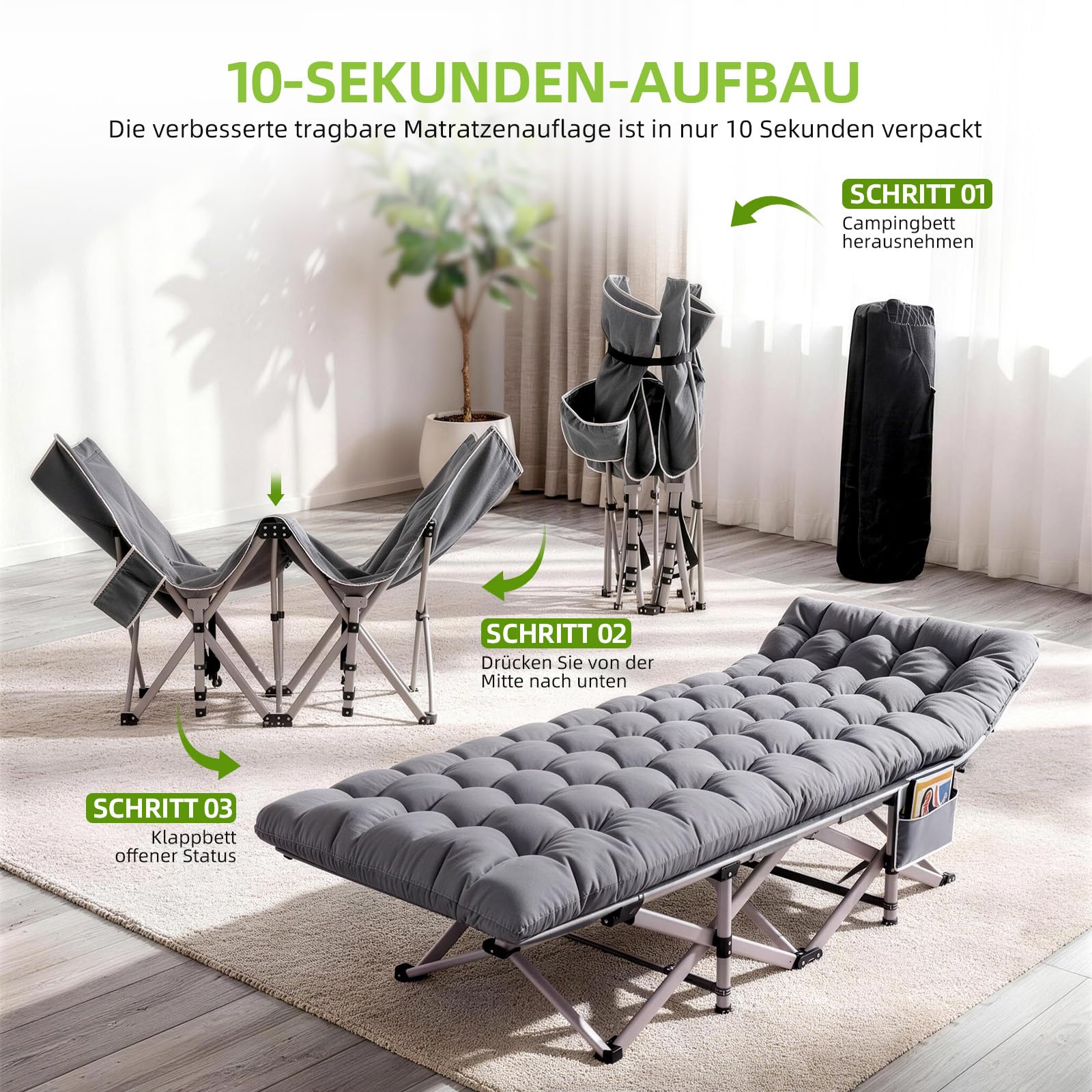 Feldbett Klappbar mit Matratze – 7-Zonen Campingbett 200 kg XXL, Wende-Auflage 2-in-1 Sommer & Winter, Schwerlast Gästebett für Outdoor, Innen, Garten & Zelt,