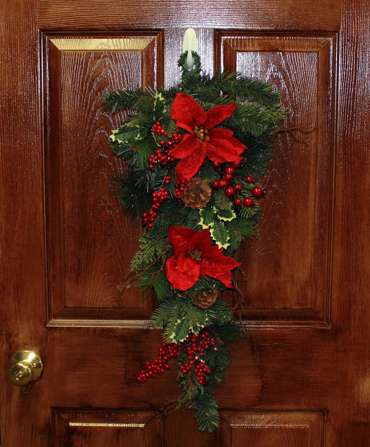 Worth Imports 28" Artificial Spruce Poinsettia Berry Christmas Teardrop Swag Seasonal Decor