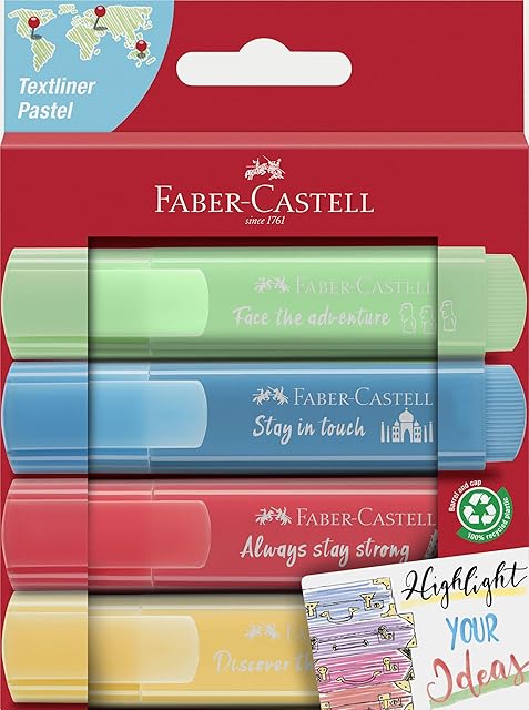 Faber-Castell 254625 - zestaw markerów TL 46, 4 sztuki, pastelowe kolory, z trwałą końcówką klinową, szerokość kreski 1-5 mm