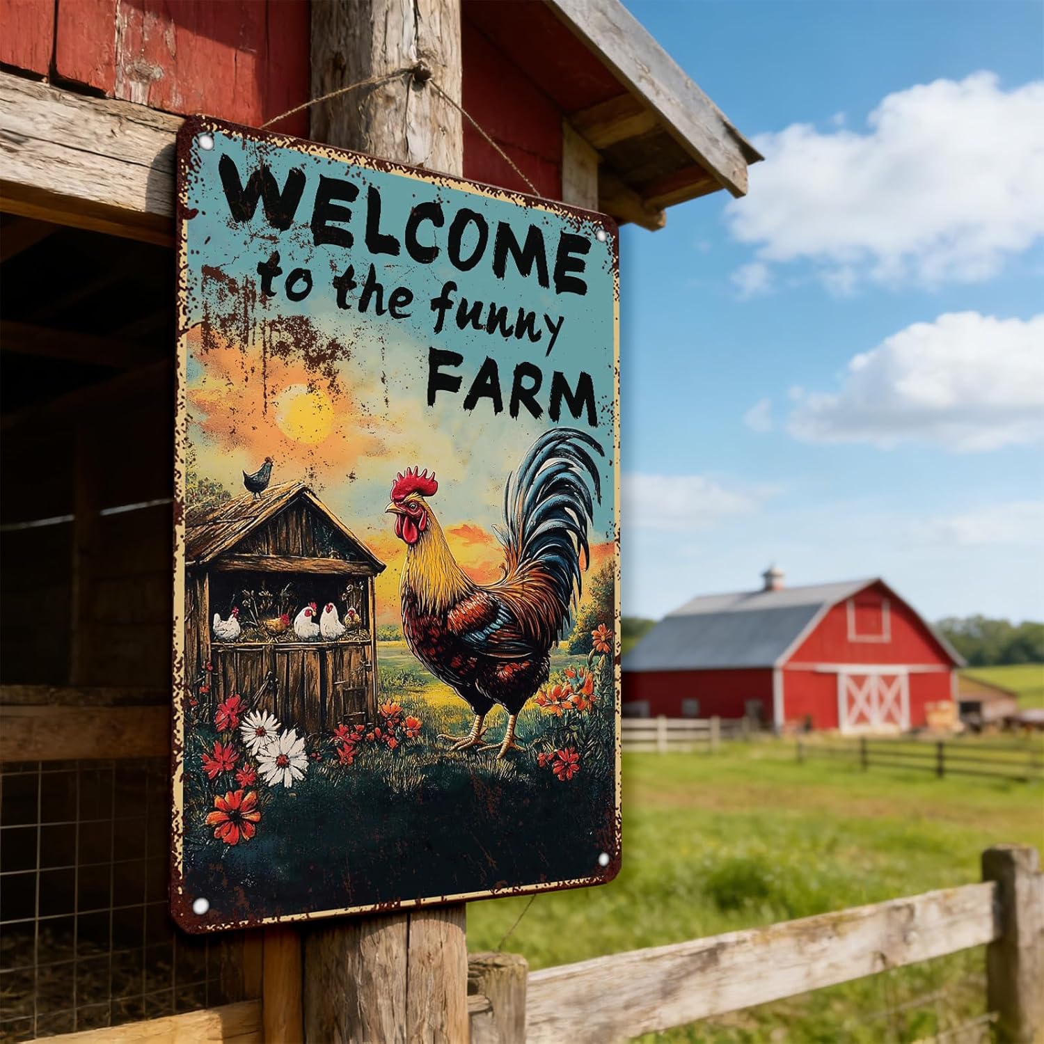 Chicken Decor Vintage Chicken Coop Signs Welcome To My Funny Farm Sign Retro Rooster Decor for Home Garden Outdoor Yard Farmhouse 12x8 Inch - Image 5