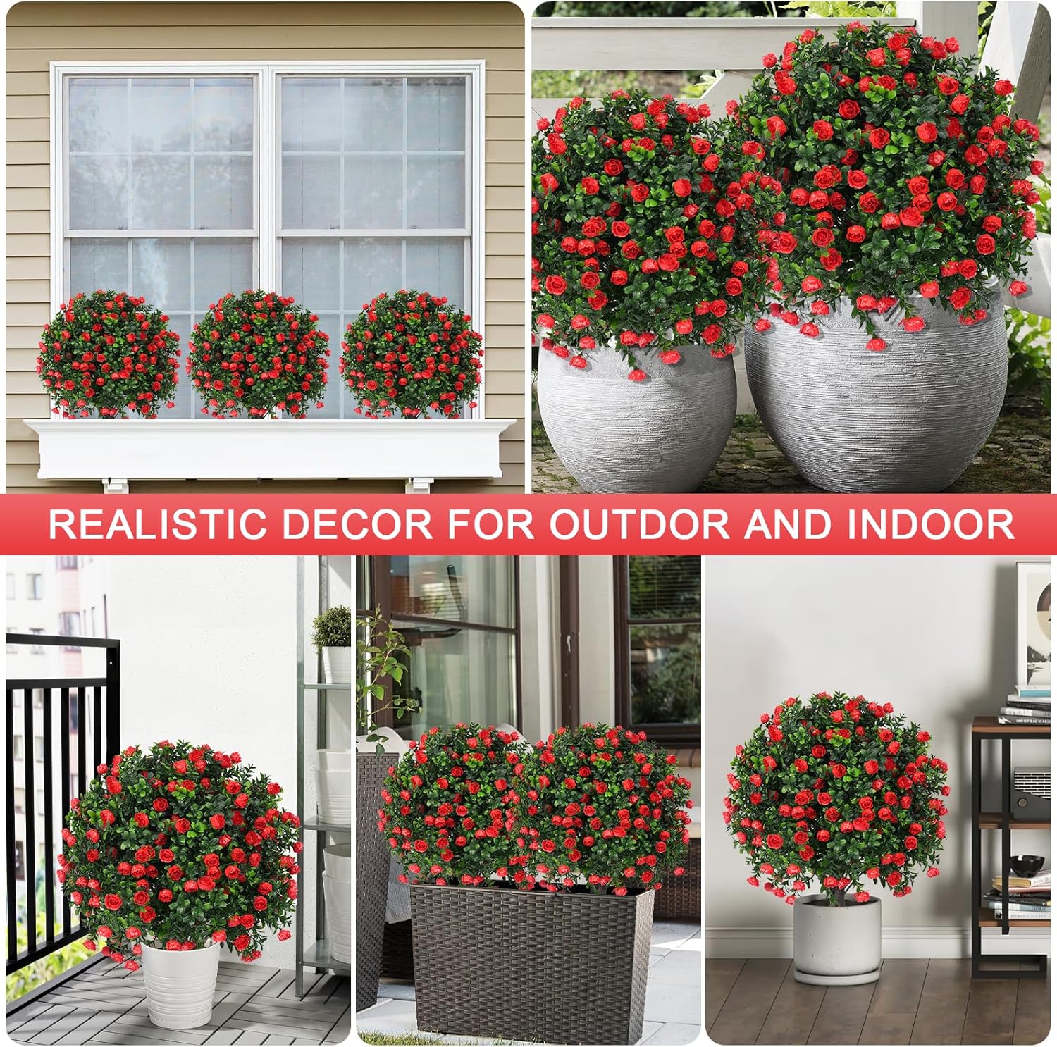 Artificial Boxwood Topiary Ball Trees with Red Rose, 2 Set of 16'' UV Resistant Fake Evergreen Shrubs Bushes Plants with Ground Spike Fake Plants for Outdoor Indoor Front Porch Garden