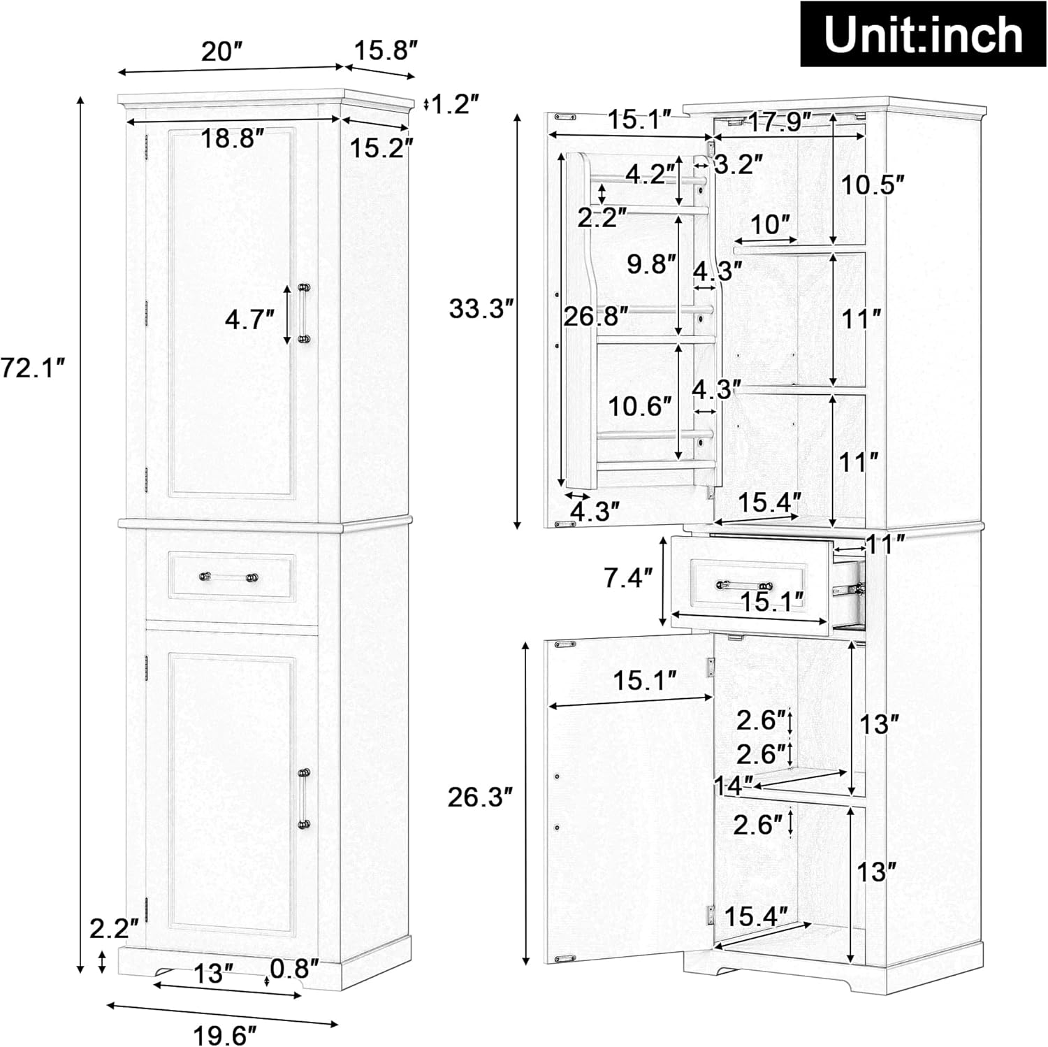 Tall Storage Cabinet, Bathroom Floor Freestanding Storage Cabinet with 2 Doors, One Drawer, Door Shelve Design, and Adjustable Shelf for Bathroom, Office, Living Room, White