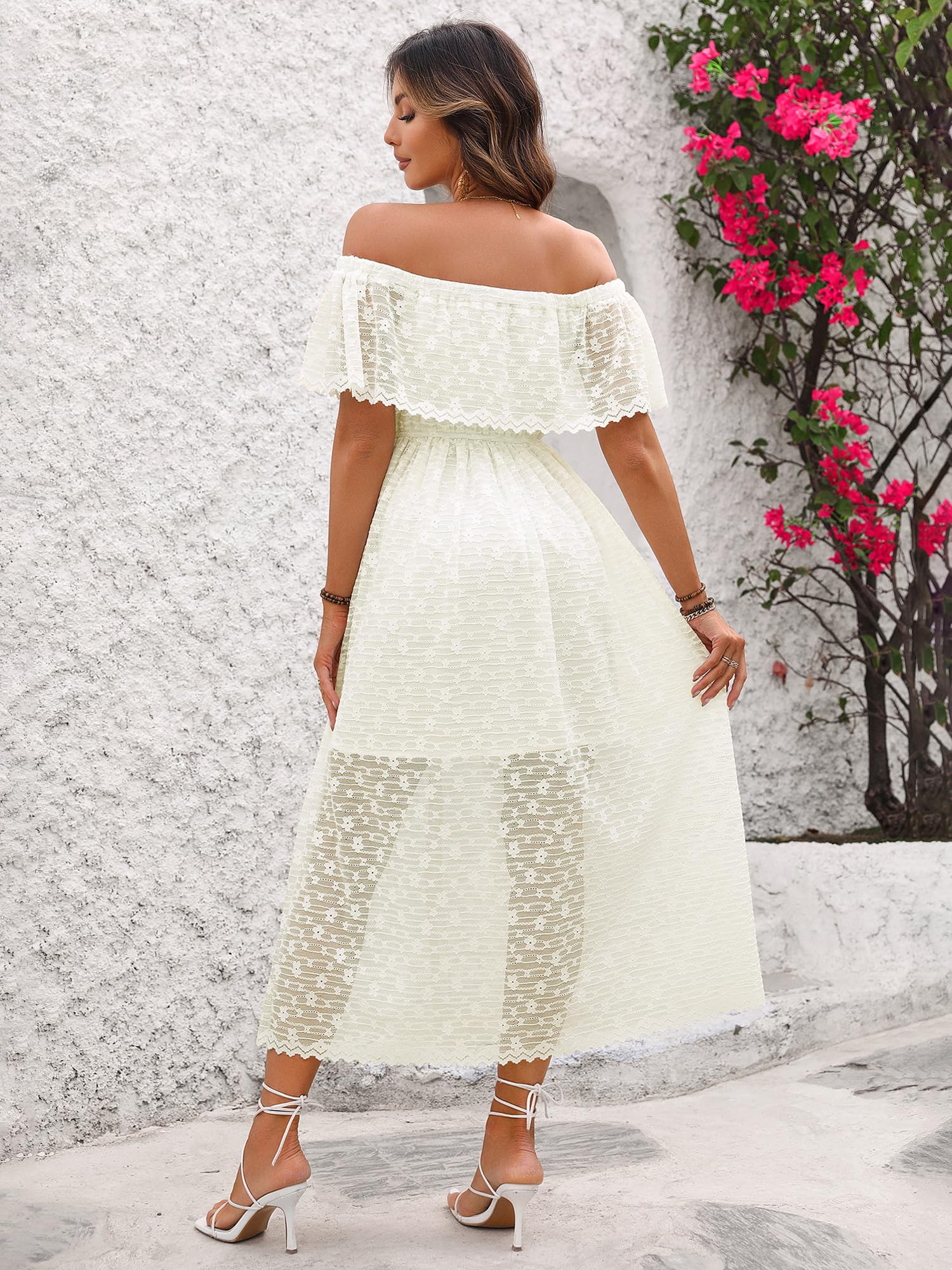 Atnlewhi Abito da donna con spalle scoperte, elegante, formale, da cocktail, da sera, da ballo, in pizzo