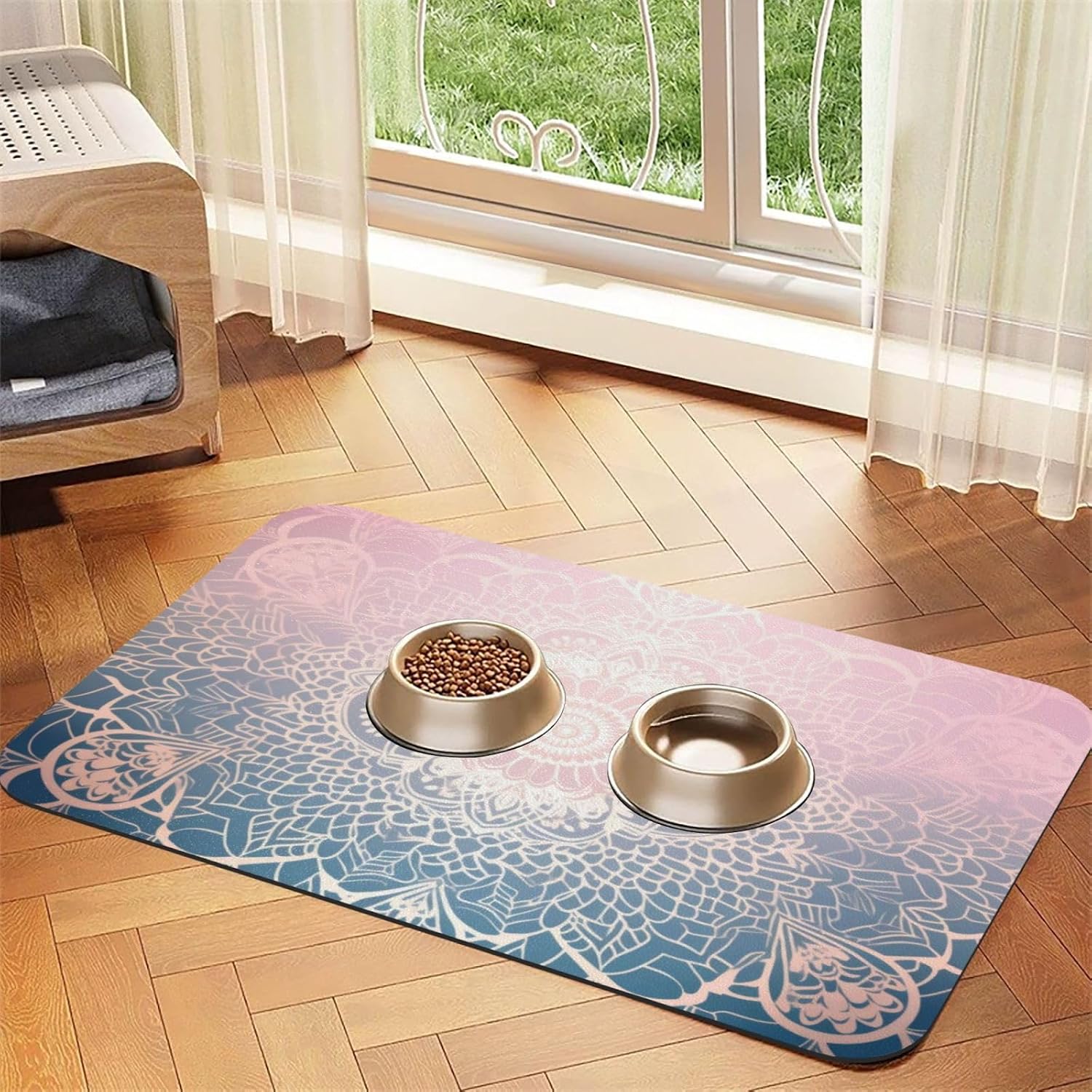 Colorful Mandala Pattern Leather Absorbent Pet Feeding Mat Non-Slip for Dogs Cats 40x60cm
