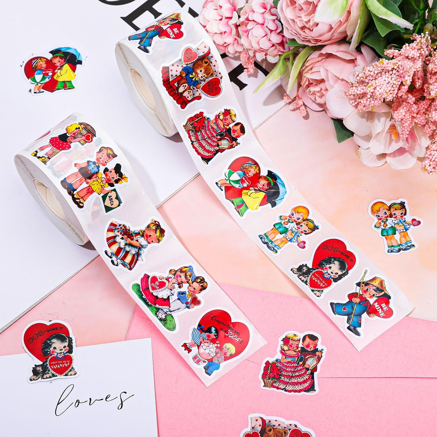 Whaline 1000Pcs Vintage Valentine's Day Stickers Roll Retro Heart Boy Girl Self-Adhesive Sticker Decals for Wedding Anniversary Scrapbook Journal Card, 12 Design