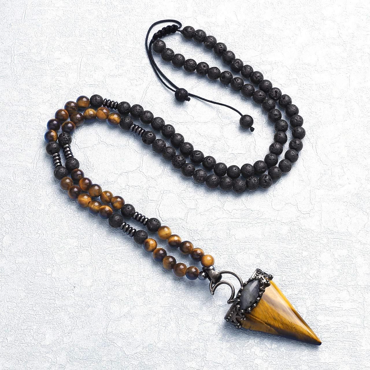 Jovivi Bundle - 2 Items 6mm Natural Tiger Eye Crystal Pendulum Necklace + Lovely Fox Tiger Eye Lucky Charm Amulet Bead Pendant Necklace