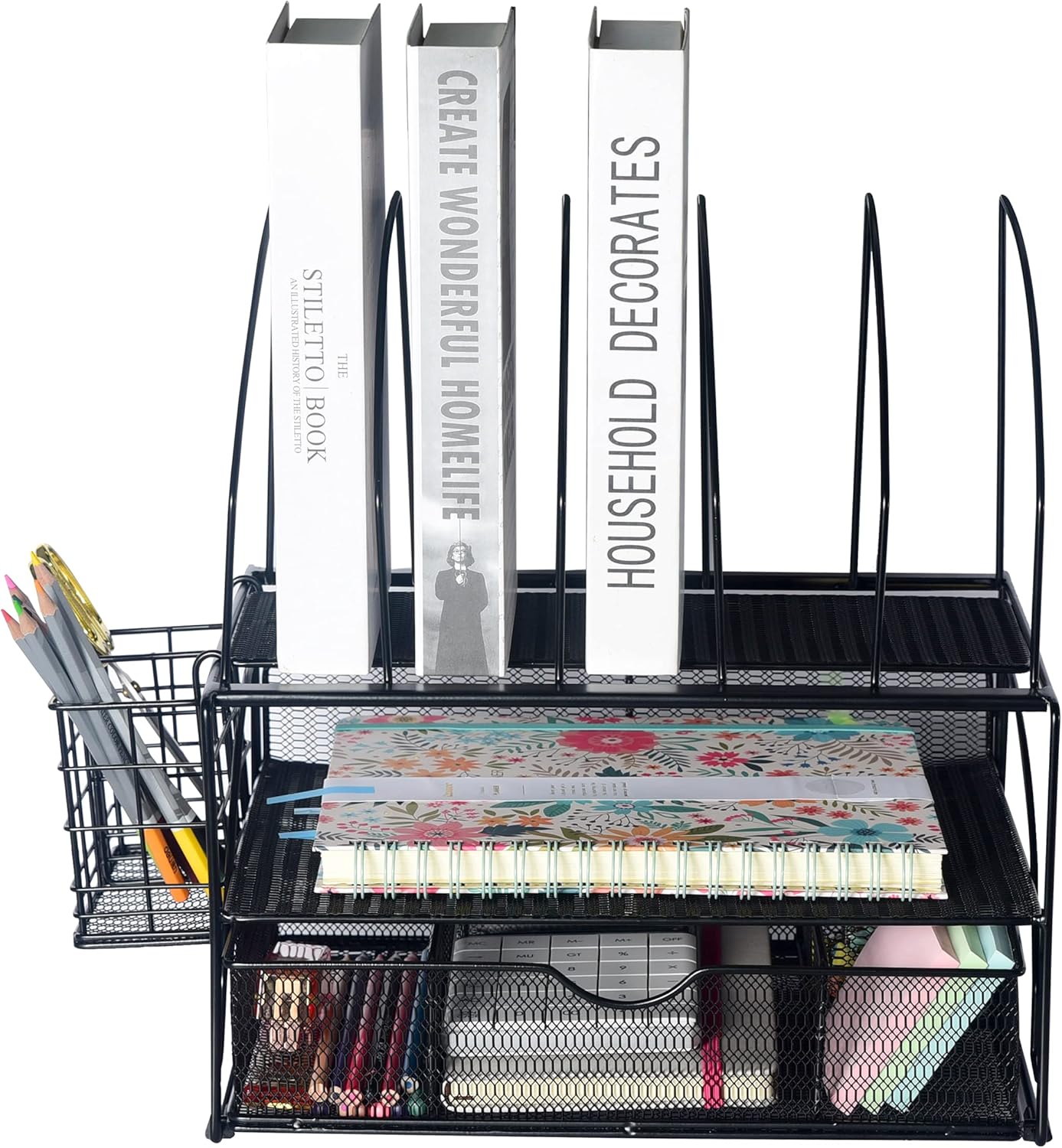 Desk-File Organizer and Desk Workspace Accessories Desktop File Holder Folders Rack Mail sorters with Hanging Pencil /Pen Holder and Drawer for Office Supplies, Paper, Device and Folder, DO501 Black : Office Products