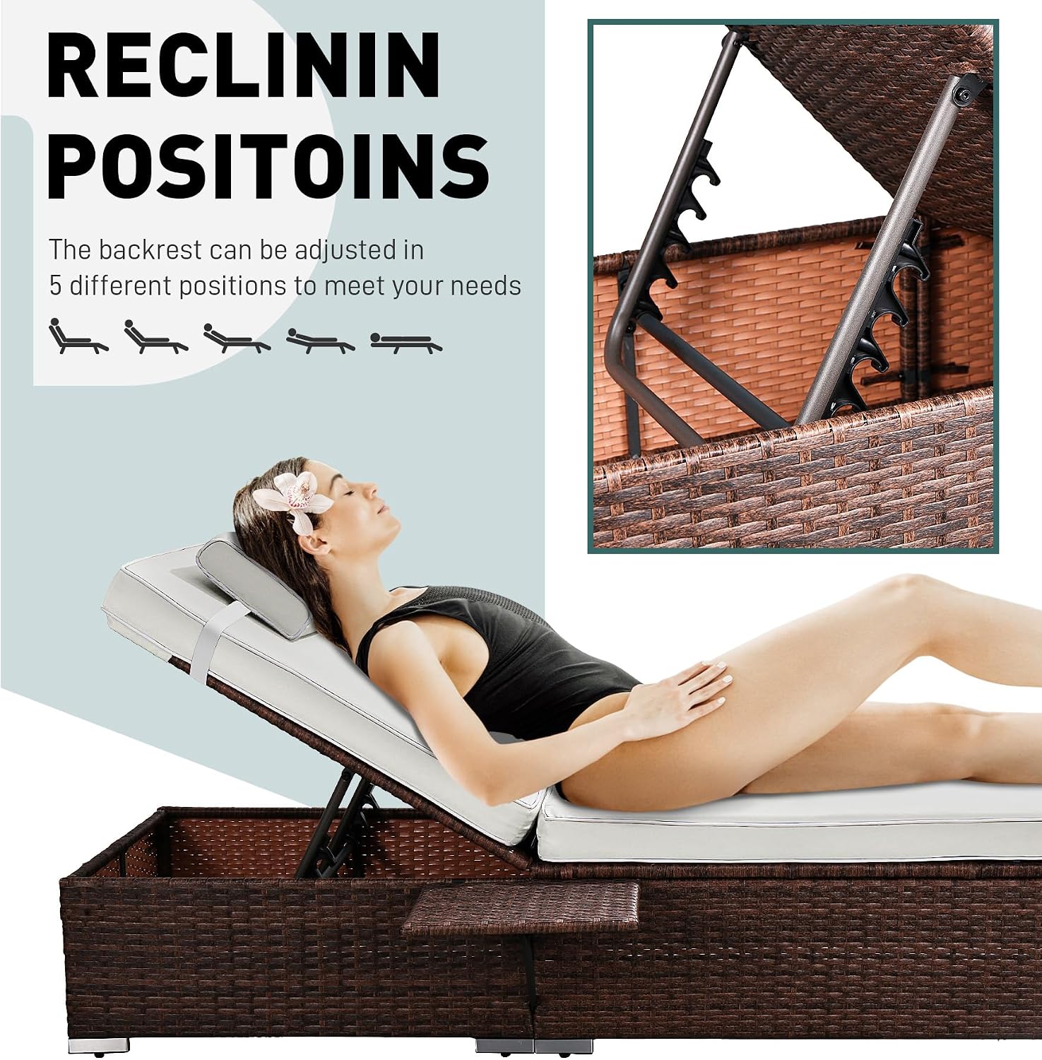 OUYESSIR Chaise Lounge Outdoor Wicker Lounge Chairs for Outside PE Rattan Patio Chairs Pool Loungers Set of 2 for Deck Yard Beach Poolside, with Side Shelf, Adjustable 5 Position, Beige/Brown