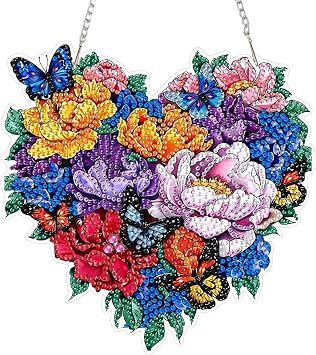 SENQAO Heart Flower Diamond Art Hanging Kits for Adults Kids, Diamond Art Suncatchers Butterfly, 5D Special Shaped Crystal Diamond Painting Kit Flower, Window Pendant Gem Art Kit for Home Wall Decor
