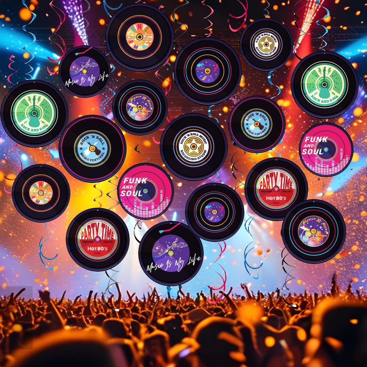 48pcs 70's 1950's Records Decorations Rock and Roll Music Party Decorations Records for Disco Birthday Music Theme Party Record Wall Decor Sign with Hanging Swirls Ceiling Decor