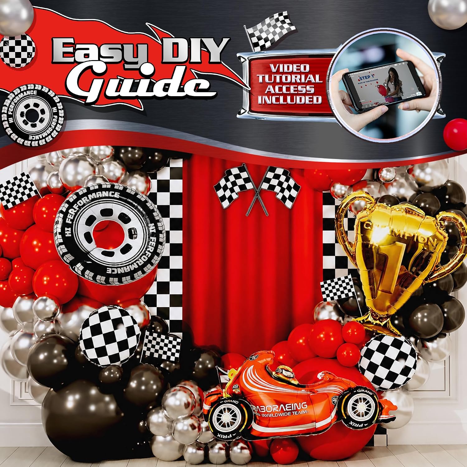 ALL-IN-1 Race Car Balloon Arch Kit with BONUS Trophy & RaceCar - Cars Balloon Garland Kit for Race Car Theme Birthday Party Supplies & Hot Wheels Balloons Race Cars Decorations image 4